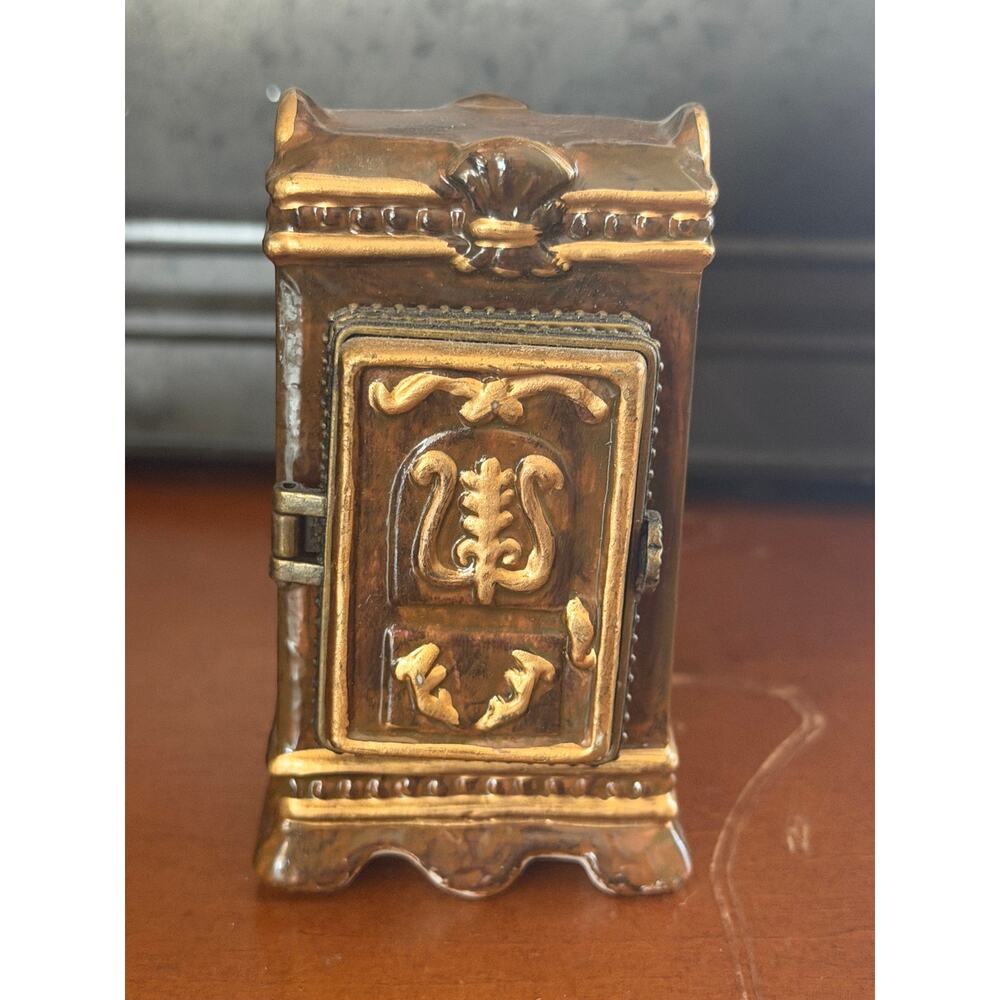 Vintage Porcelein Wardrobe Trinket Box Brown Gold Pink Dress Blue Robe Charm 4"
